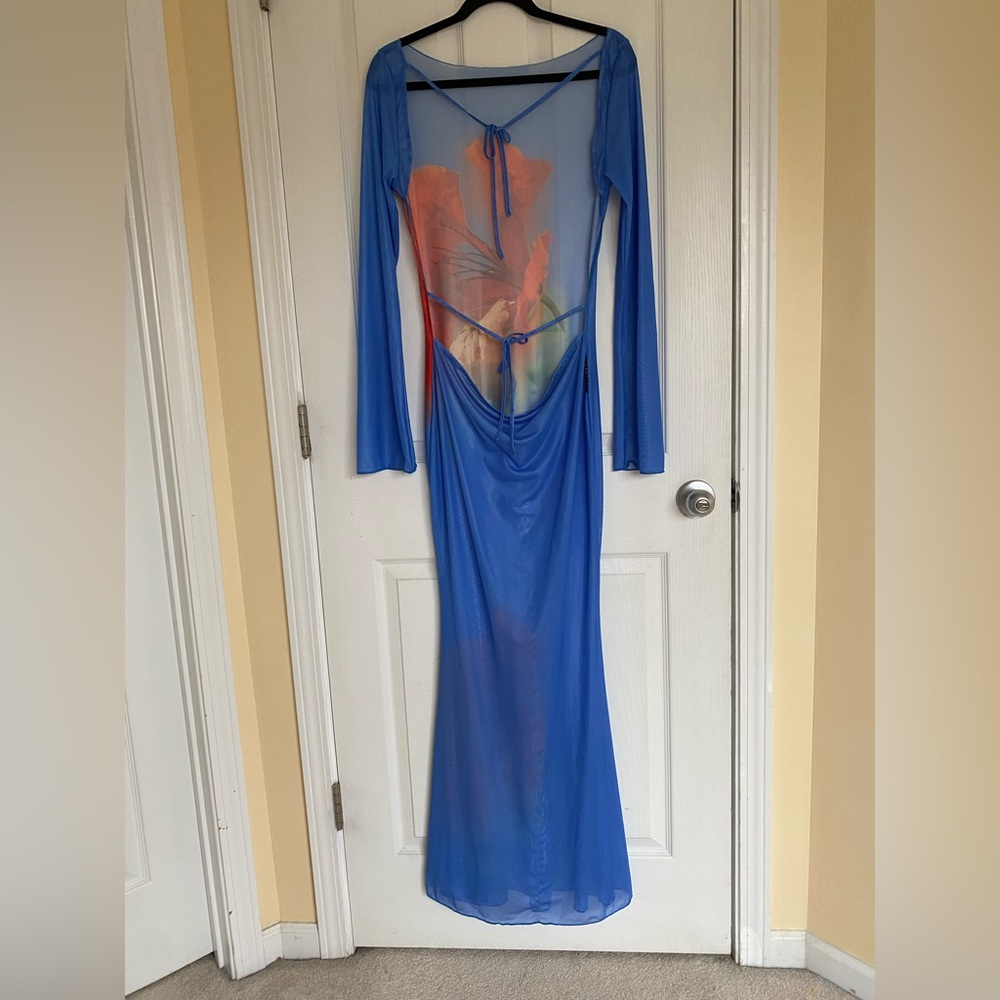 MISSGUIDED Women’s L Blue Sheer Floral Print Mermaid Hem Backless Maxi Dress - Picture 7 of 15